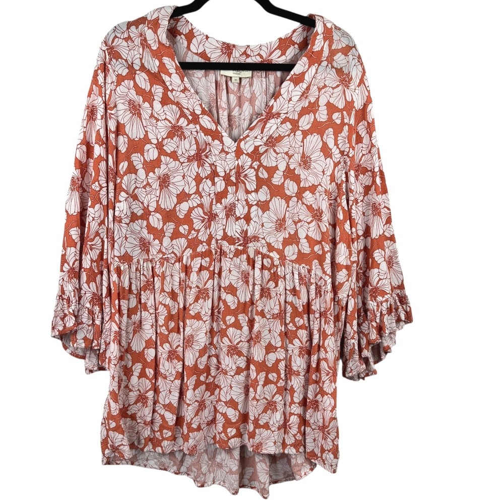 Cynthia Rowley Rust Floral V-Neck Peasant Blouse - Picture 2 of 12